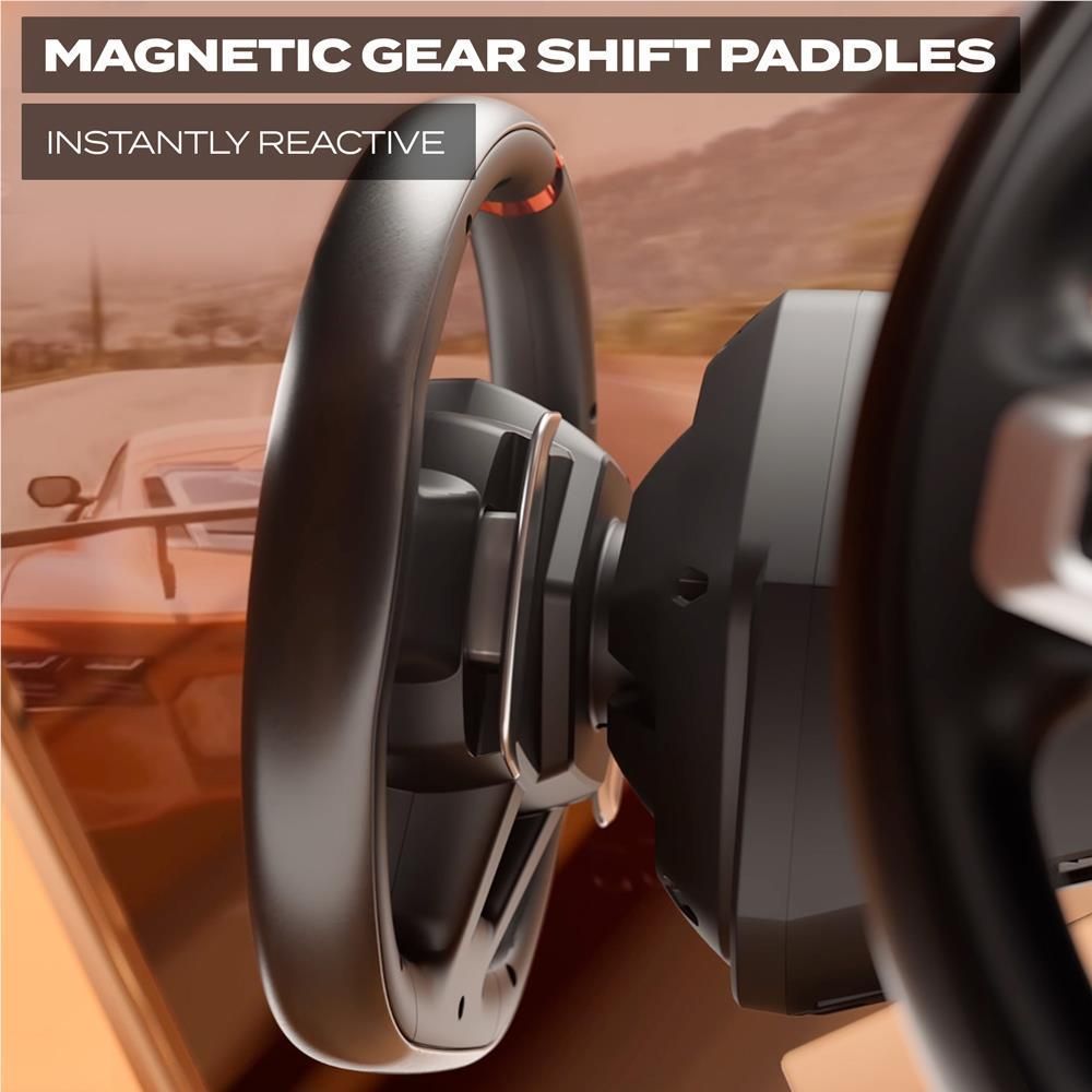 Gear shift paddle switches mounted by the steering wheel, with black and silver surfaces