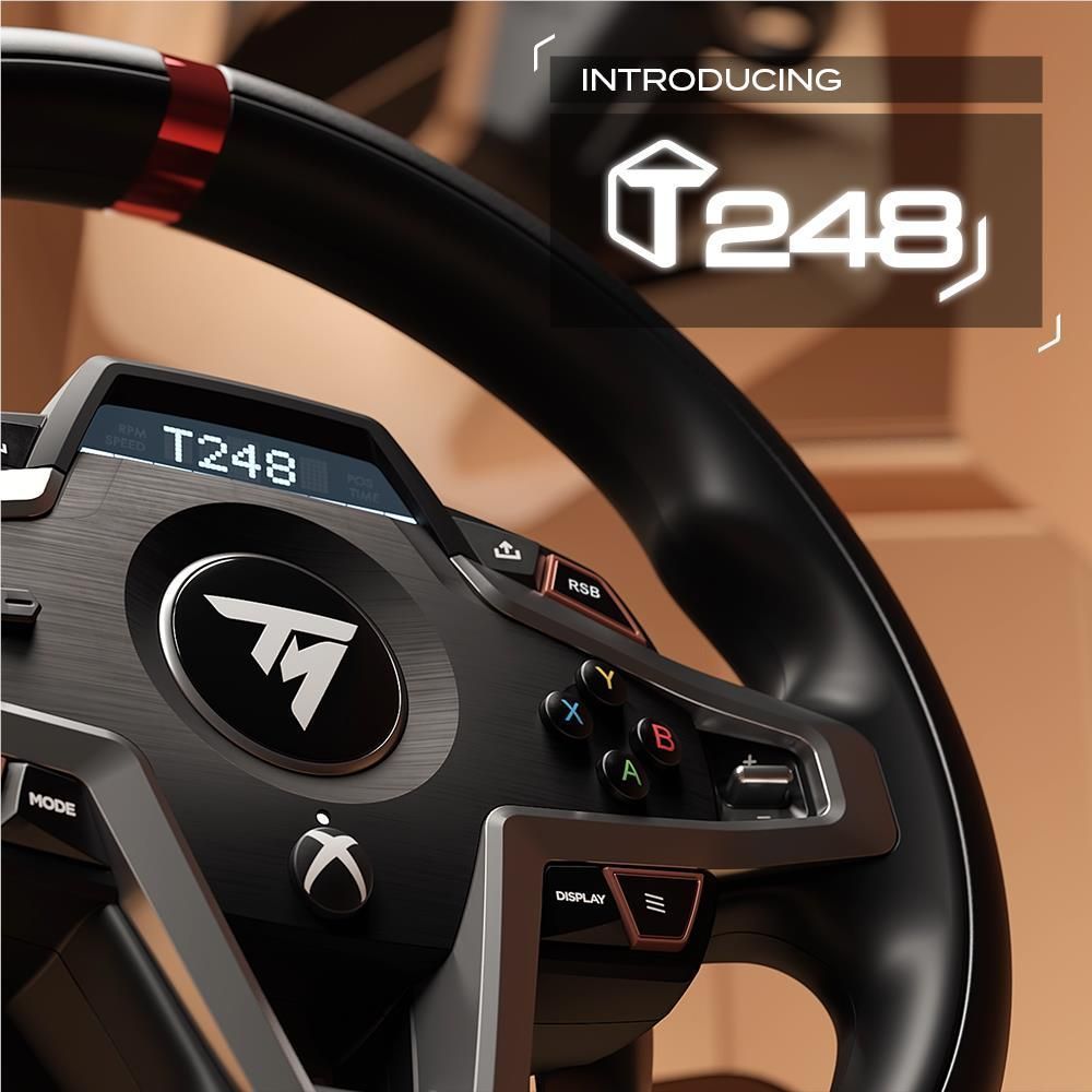 Steering wheel controller with T248 screen on dashboard, center logo, and side action buttons