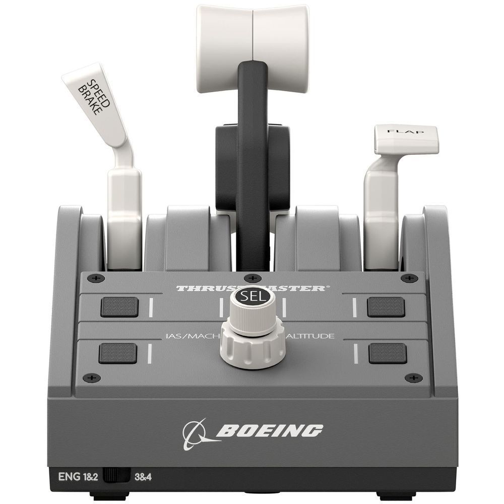 Gray Boeing Edition throttle quadrant front view with centered selector knob and labeled toggles