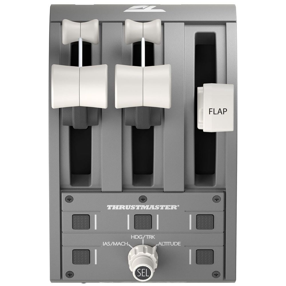 Gray throttle quadrant close-up showing lever slots and central selector dial