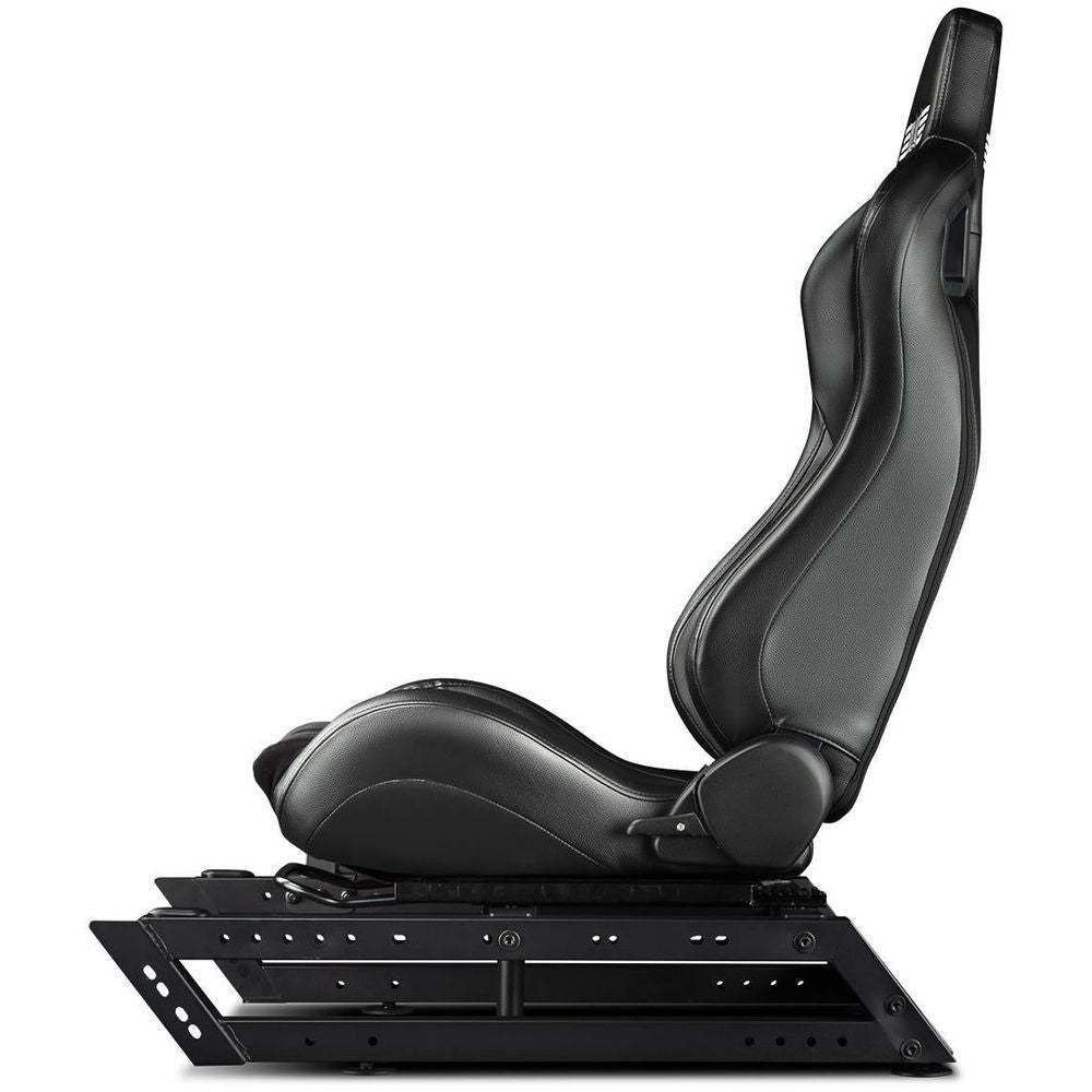 Black racing seat add-on with contoured cushion, side profile on mounting base