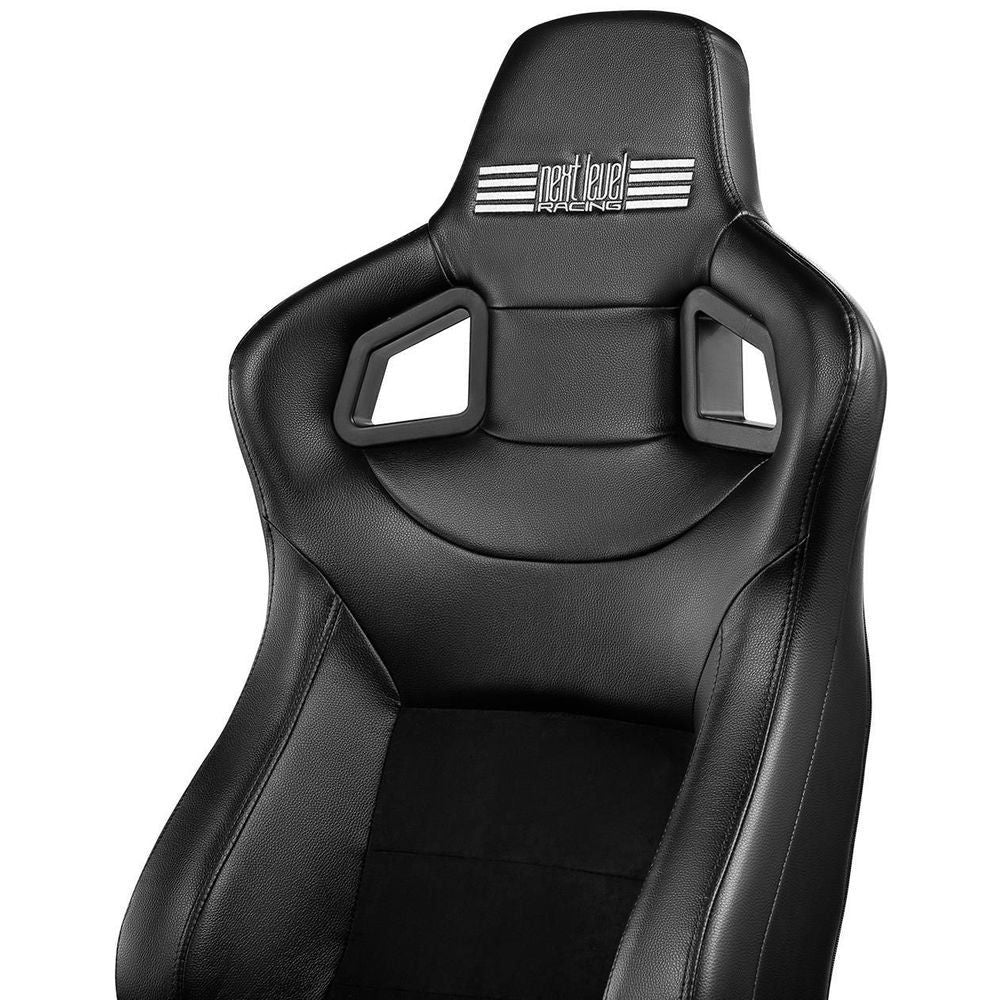 Black racing seat add-on with headrest and side handles, close-up front view