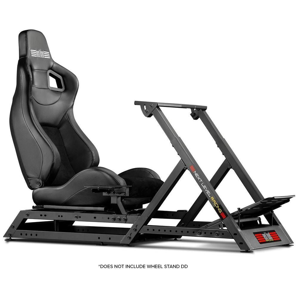Black racing seat add-on with metal frame, wide side view on base platform