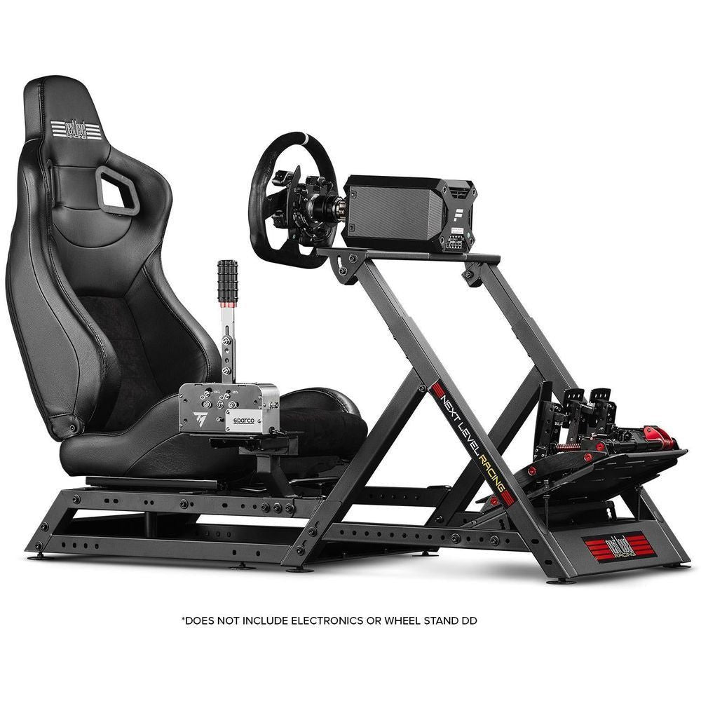 Black racing seat add-on with metal frame, showing wheel mounting area
