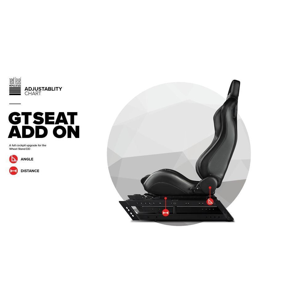 Black racing seat add-on with adjustment chart overlay, side profile
