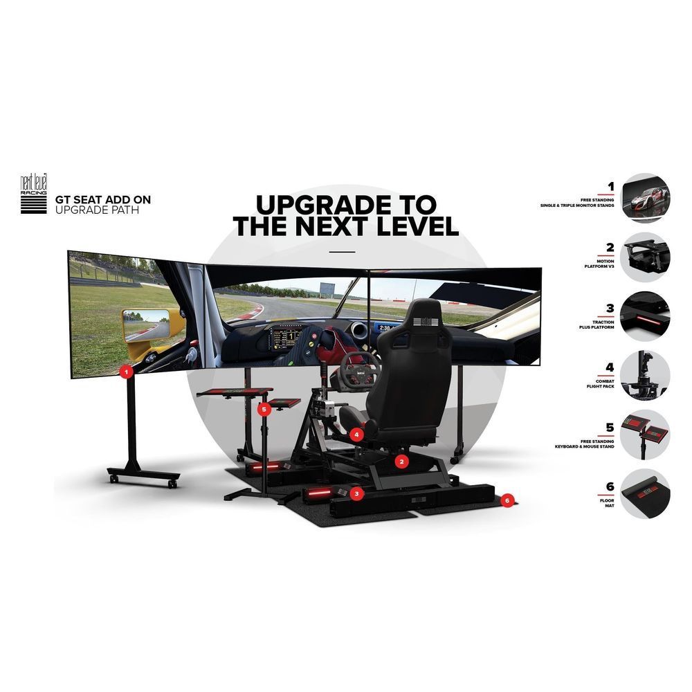 Black racing seat add-on upgrade diagram with cockpit view overlay