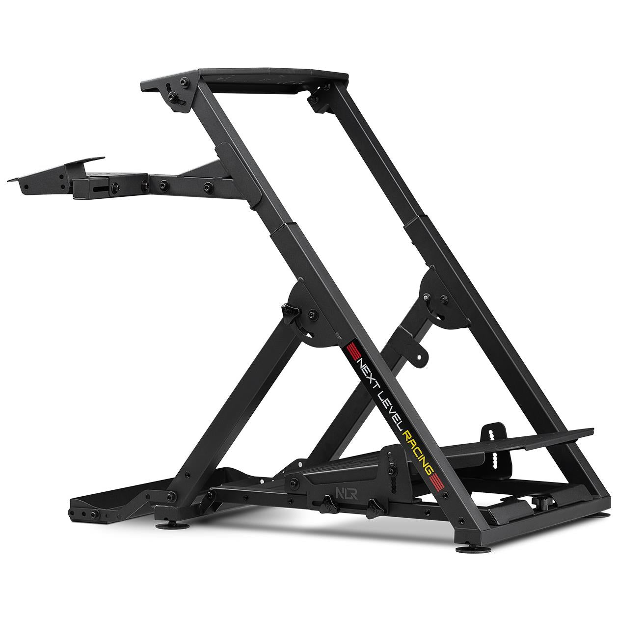 Foldable sim racing wheel stand with adjustable metal frame and pedal mount