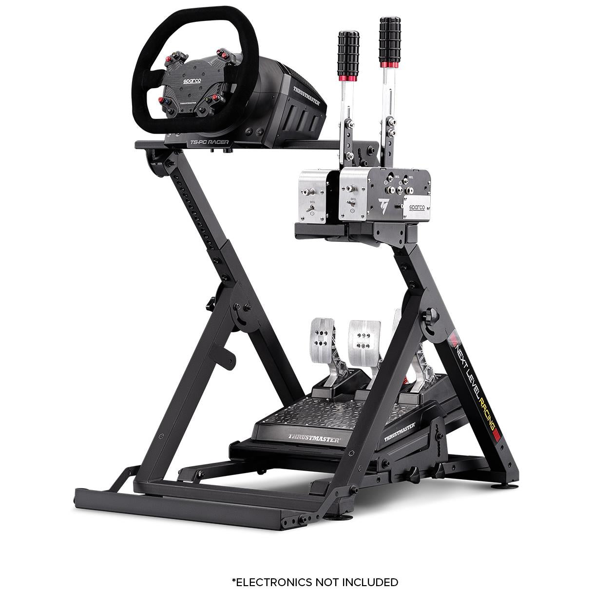 Sim racing wheel stand with steering wheel and pedal accessories mounted on frame