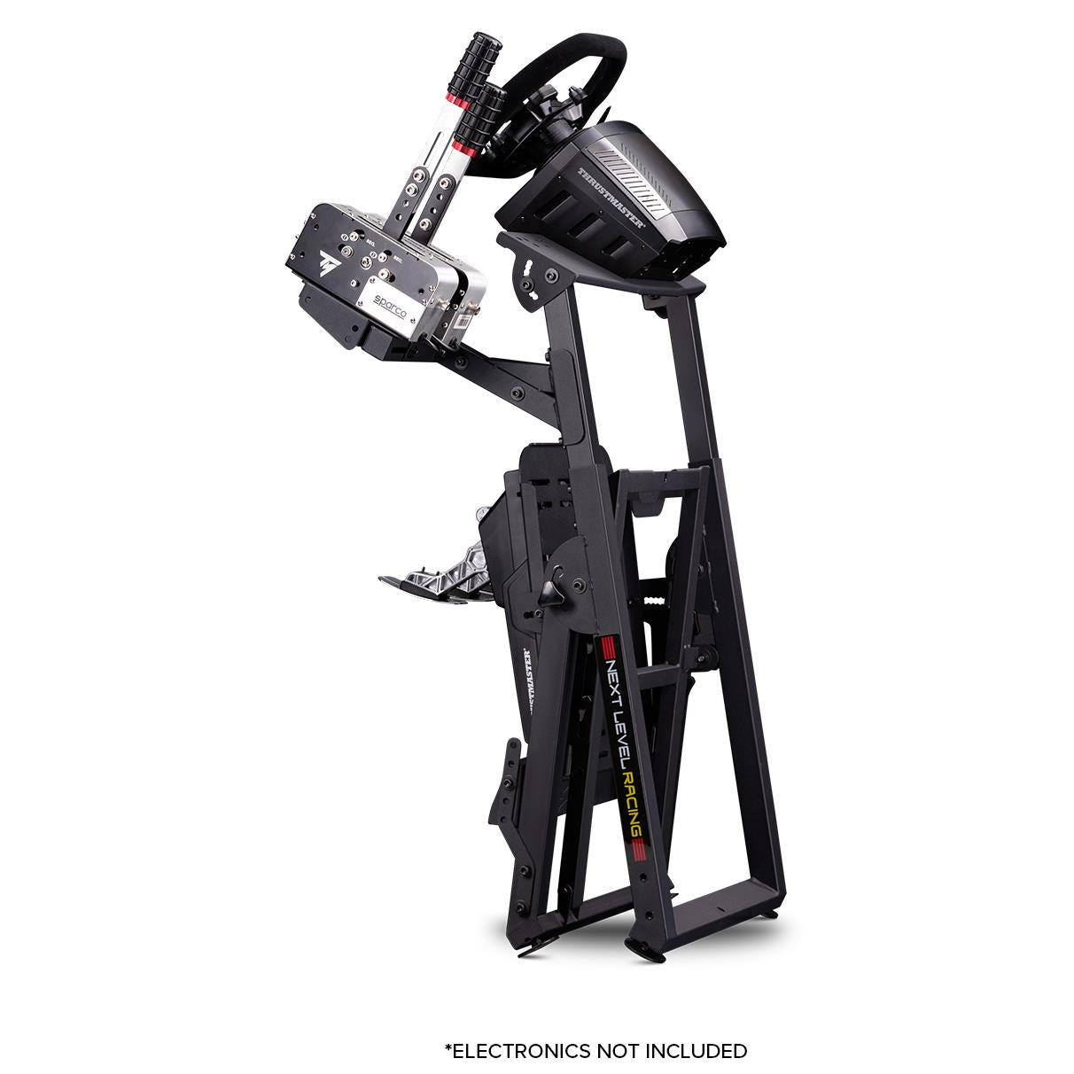 Sim racing wheel stand with steering wheel mount and adjustable pedal platform