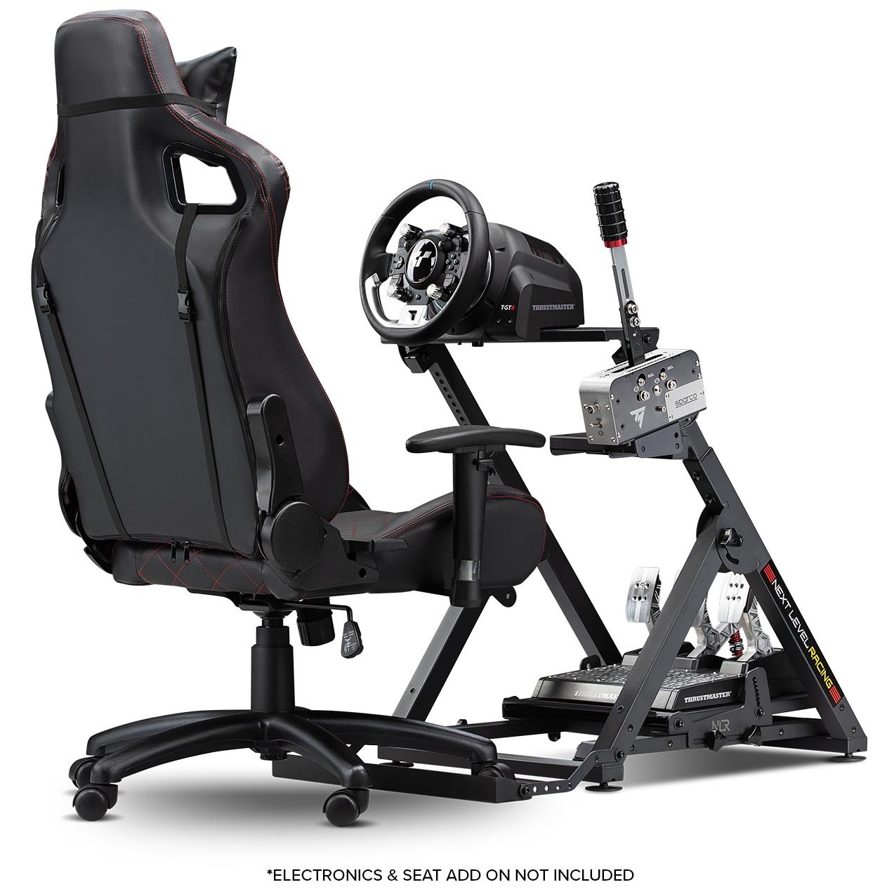 Sim racing wheel stand with mounted steering wheel, pedal tray, and black seat