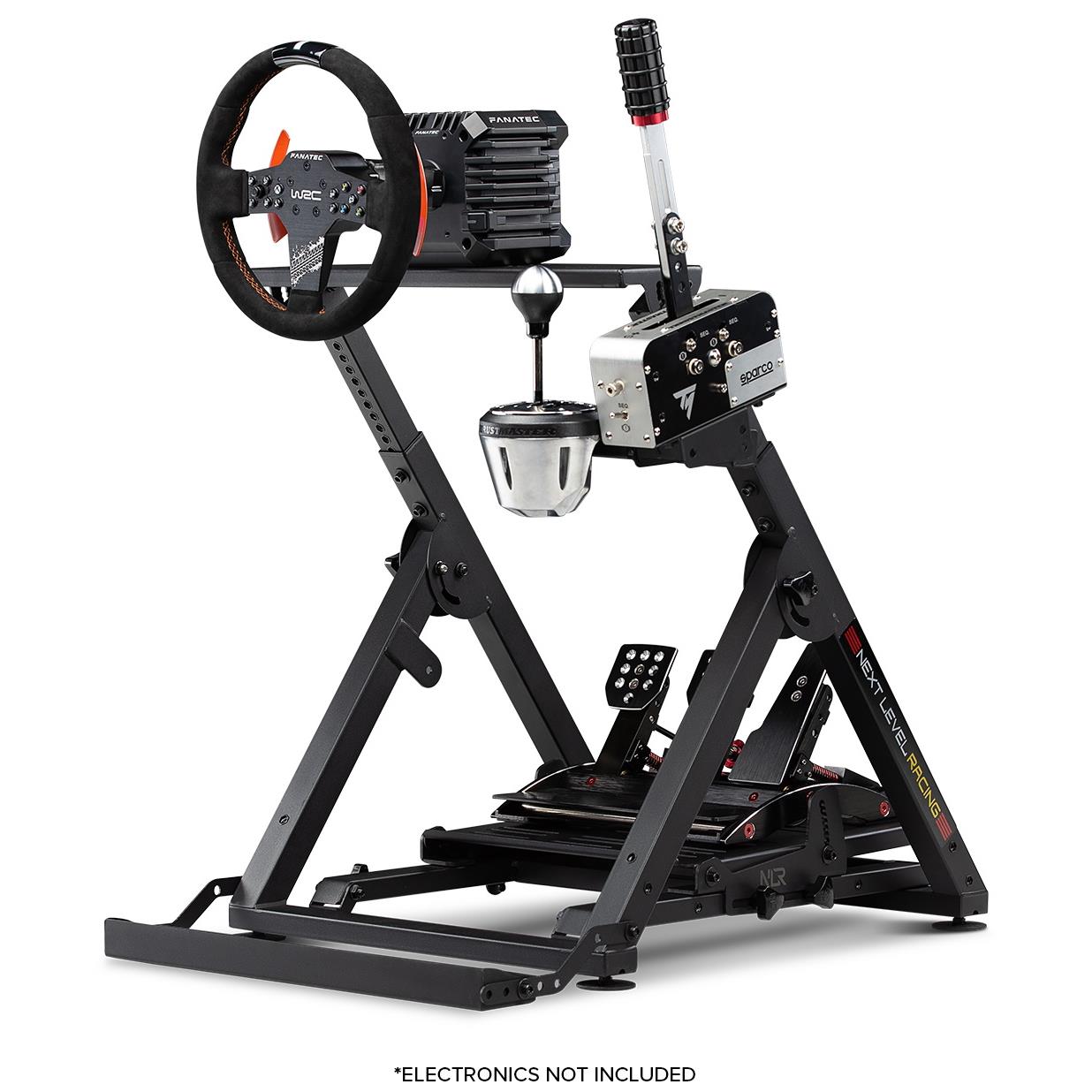 Sim racing wheel stand with steering wheel, shifter, and pedal tray on frame