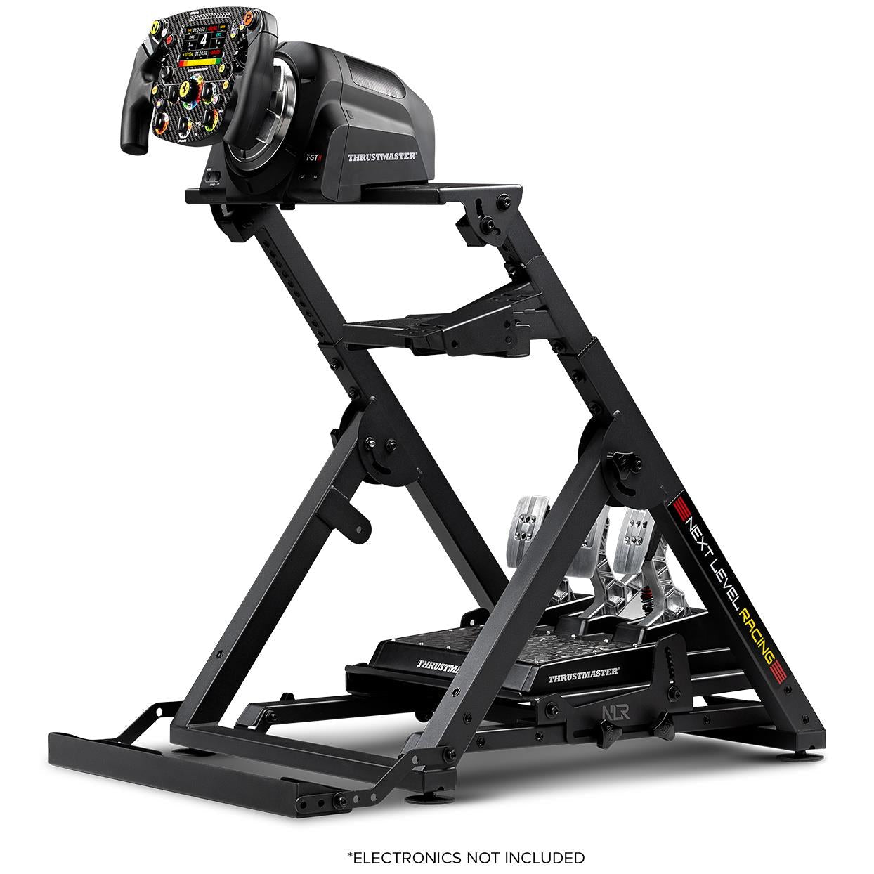 Sim racing wheel stand with mounted steering wheel and pedal assemblies on base