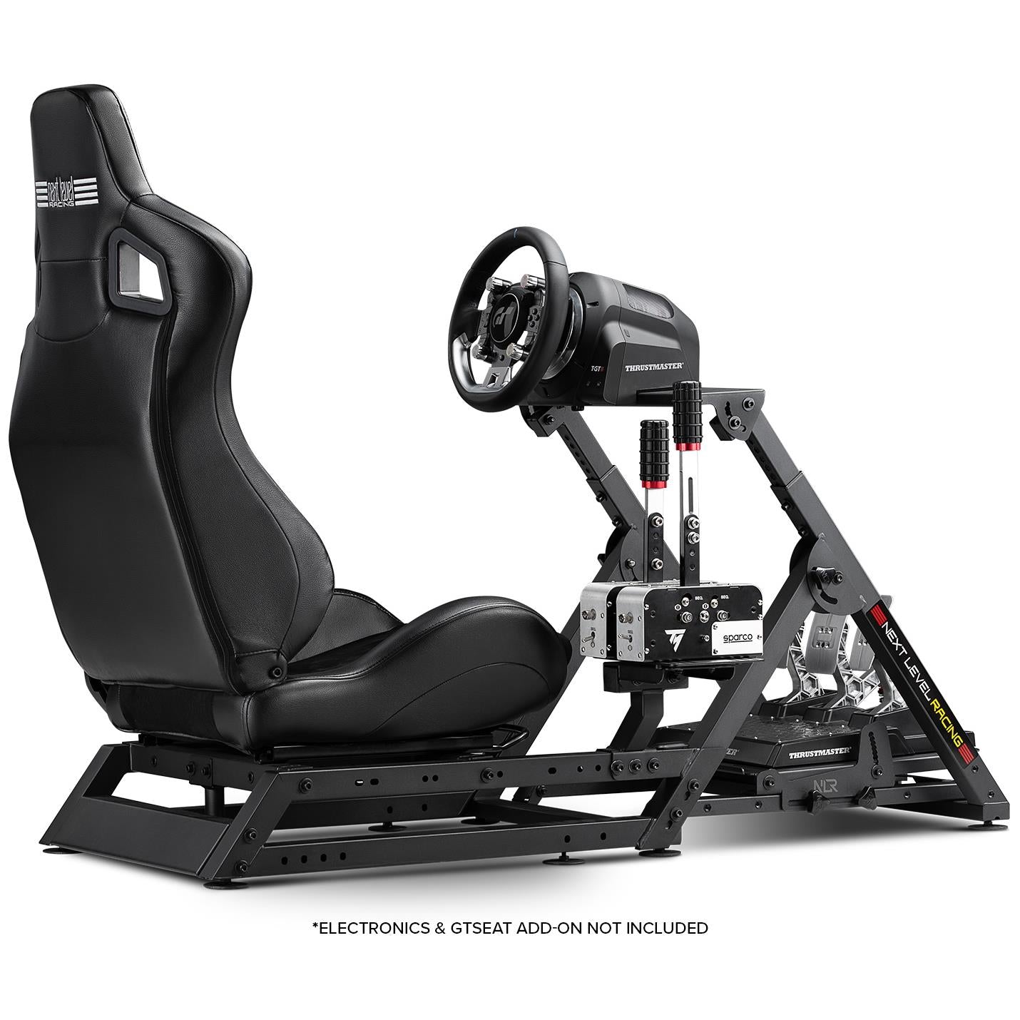 Sim racing wheel stand with black seat, steering wheel mount, and pedal tray