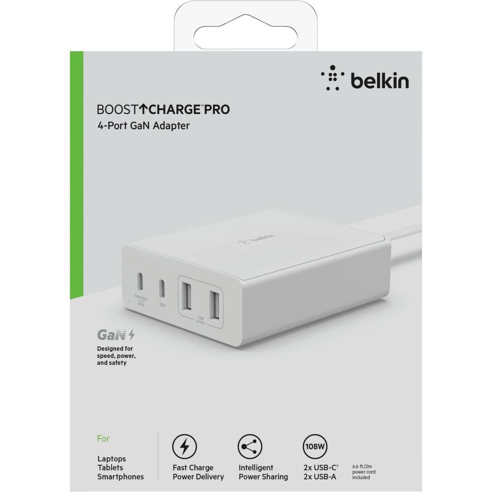 Belkin BoostCharge Pro 4-port GaN adapter retail box, 108W 2× USB-C, green accents