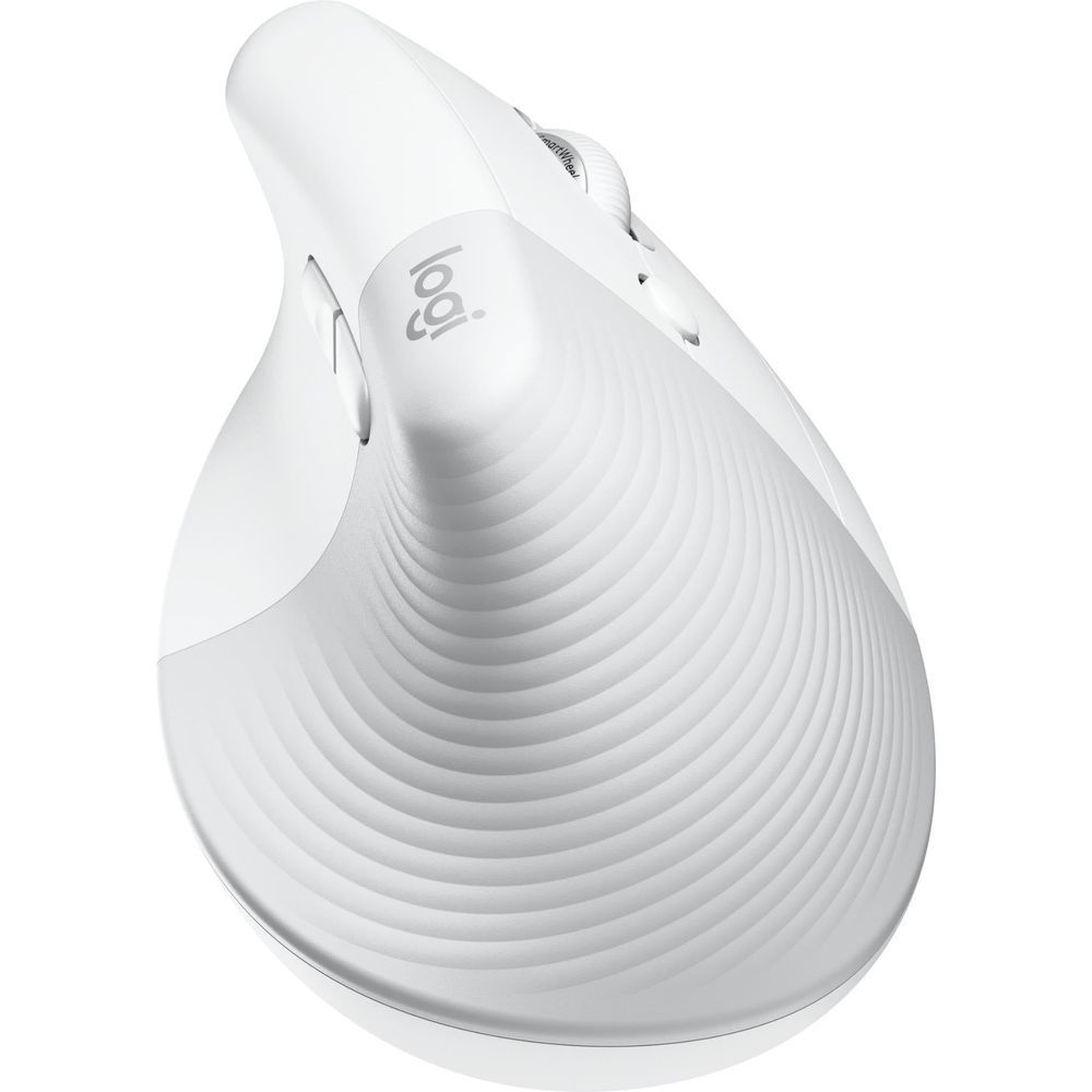 Pale grey vertical ergonomic mouse angled view, ridged thumb rest