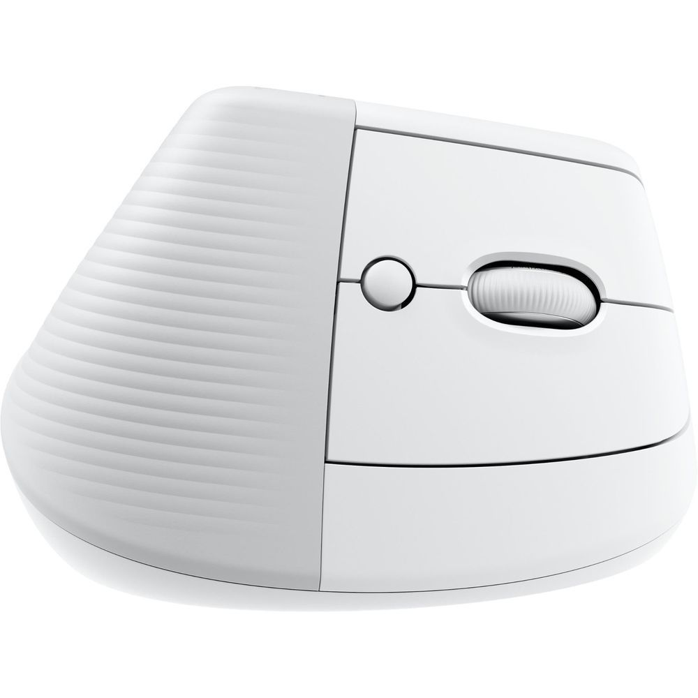 Pale grey vertical ergonomic mouse side view with thumb button