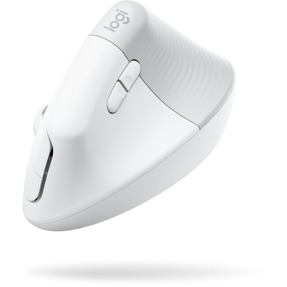Pale grey vertical ergonomic mouse left-side view with side button