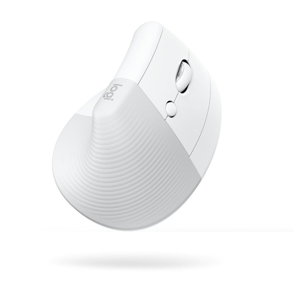 Pale grey vertical ergonomic mouse front-right view, scroll and button