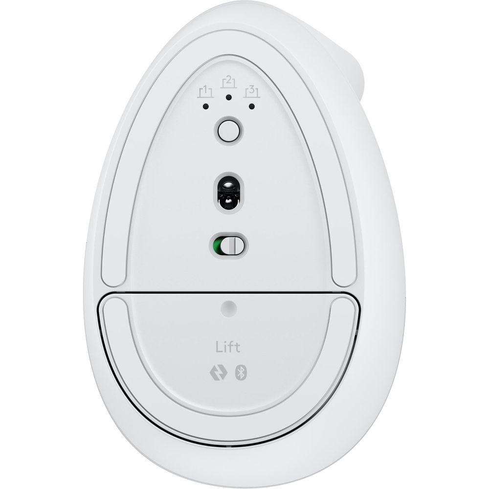 Pale grey vertical ergonomic mouse docked view with Lift for Mac label