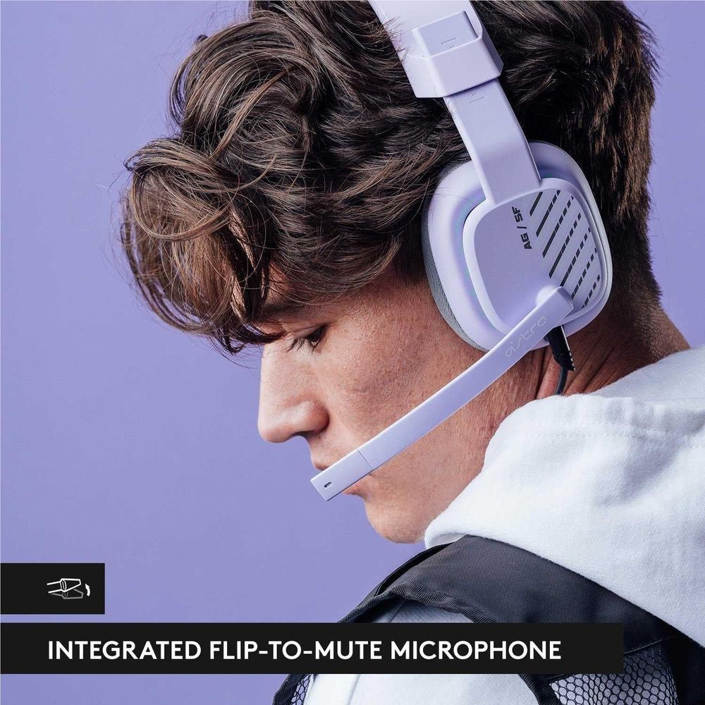 Lilac over-ear headset with gray ear pads and flip-to-mute microphone