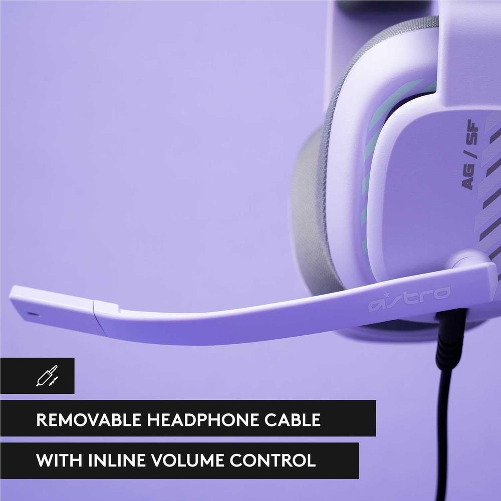 Lilac headset headband with inline cable connection and padded ear cup