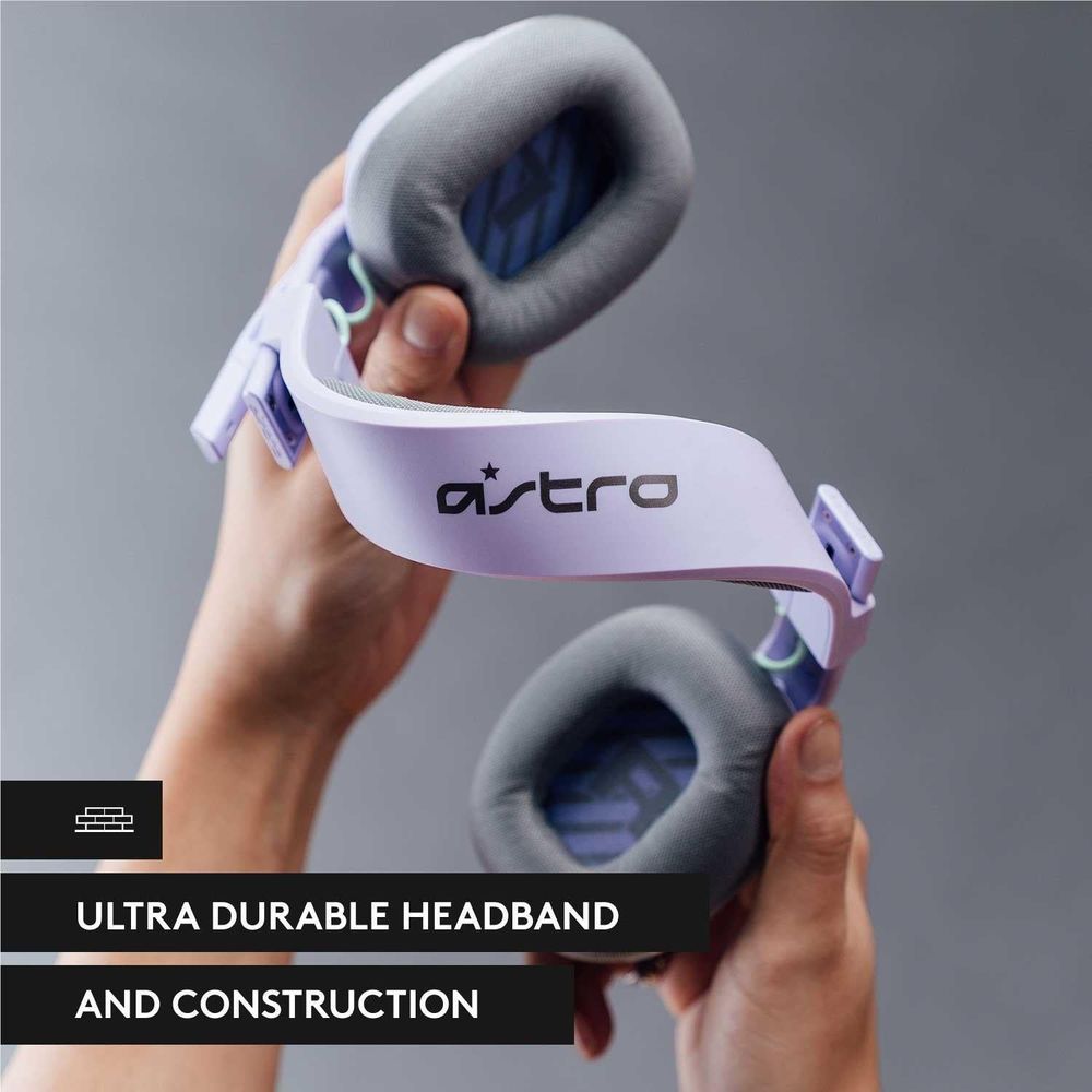 Lilac astro headset with gray ear cushions and headband adjustment