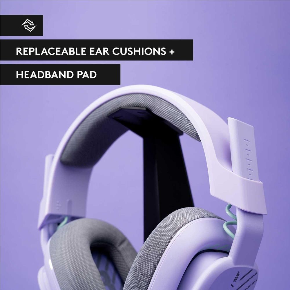 Lilac headset with gray ear cushions and padded headband pad