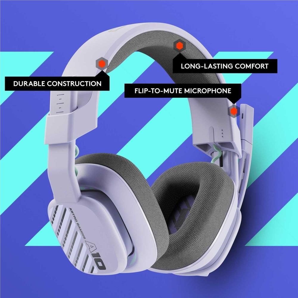 Lilac over-ear gaming headset with gray ear pads and flip-to-mute microphone