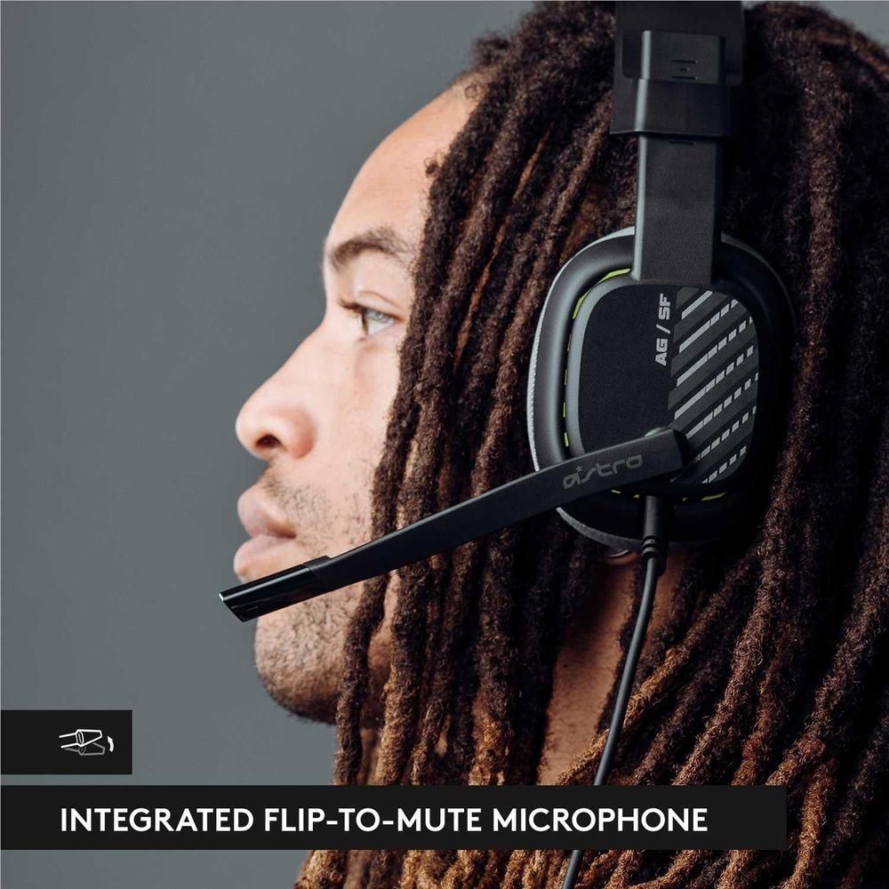 Black over-ear headset with boom microphone near the side of the face