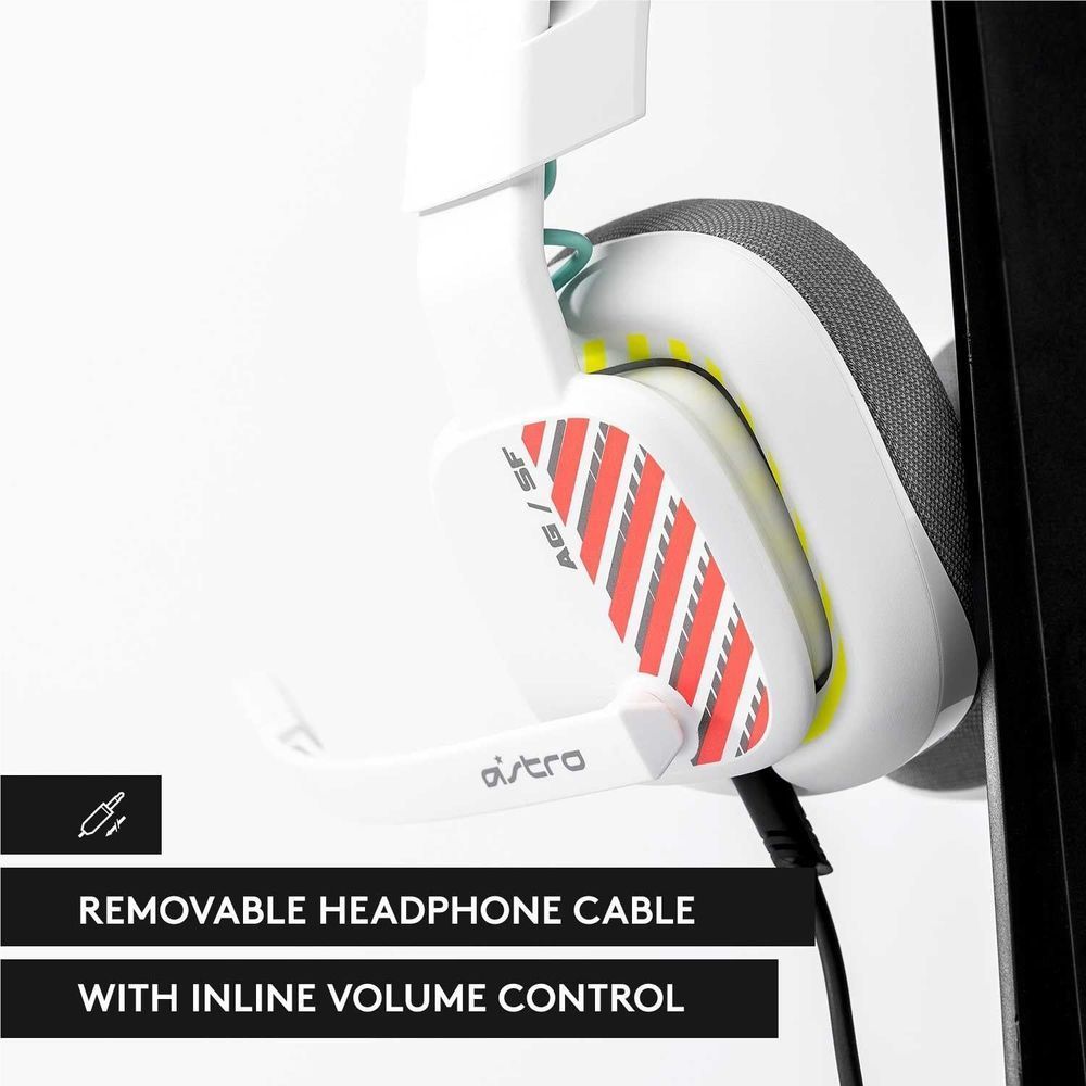 White headset earcup with gray padding, showing removable cable and inline volume