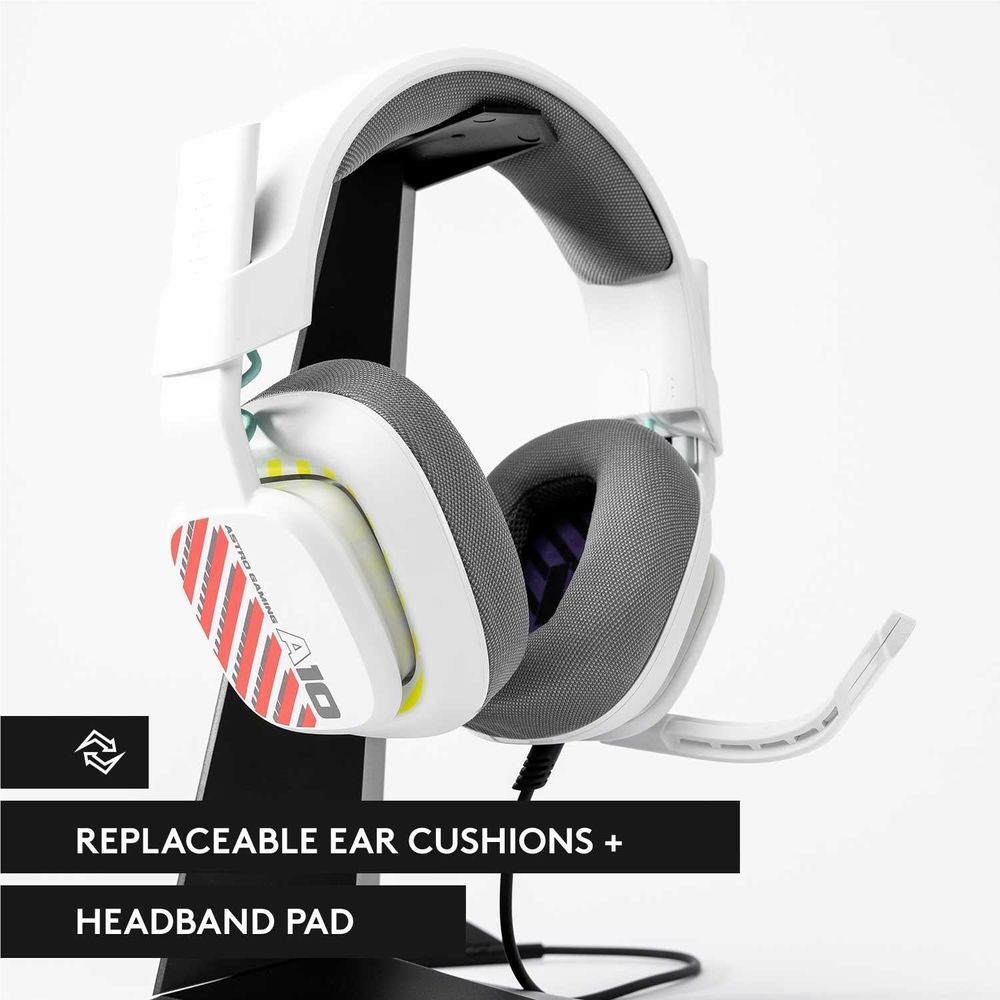 White over-ear gaming headset with gray ear cushions and replaceable pads