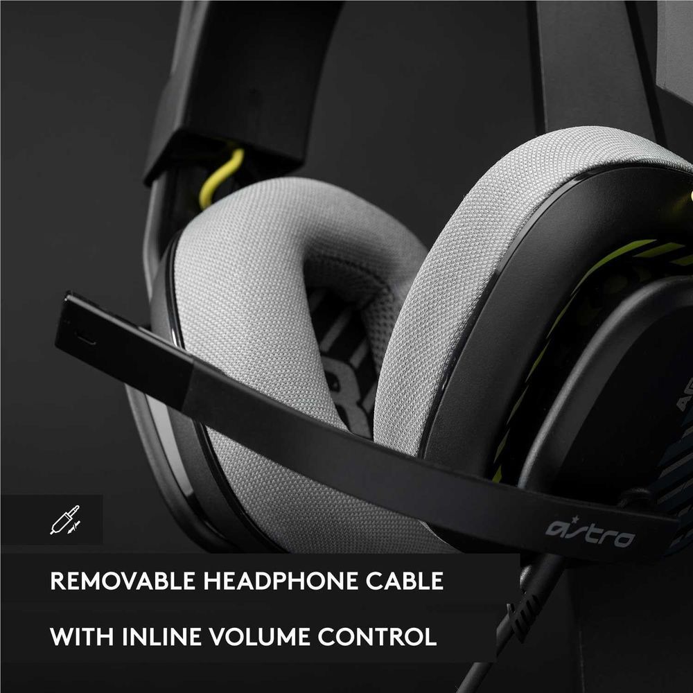 Black headset ear pads with gray fabric and over-ear microphone boom arm