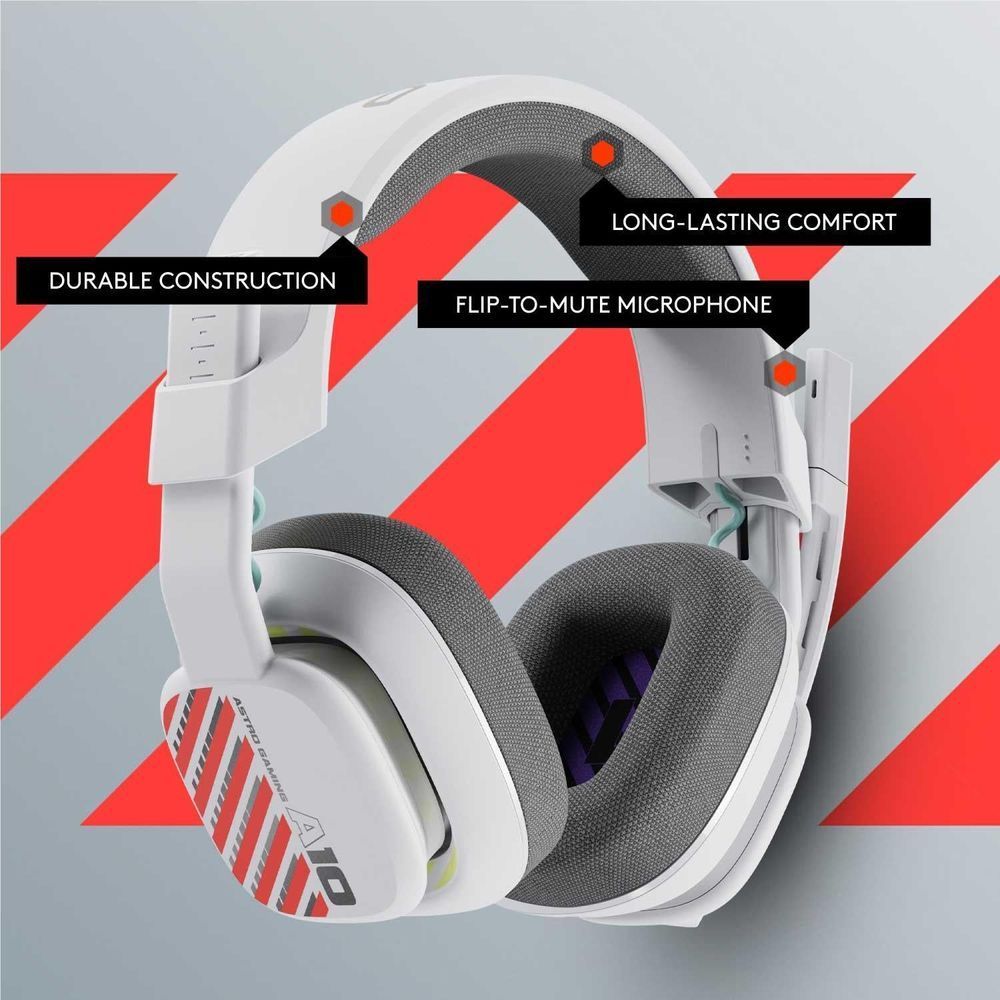White over-ear gaming headset with gray ear pads and headband, side red accent stripe
