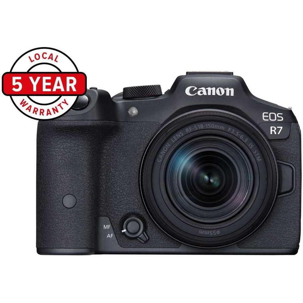 Canon EOS R7 mirrorless camera with 18-150mm lens, front three-quarter view