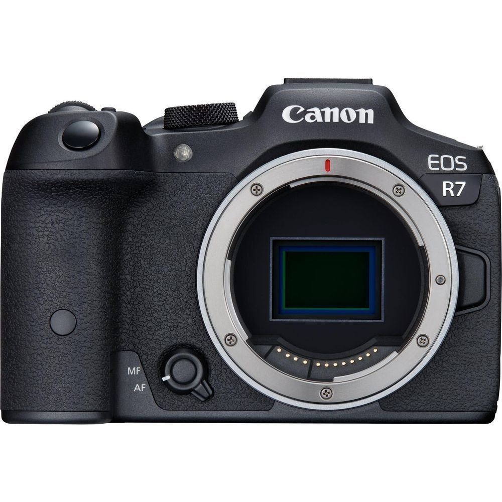 Canon EOS R7 mirrorless camera with lens mount and sensor, front close-up
