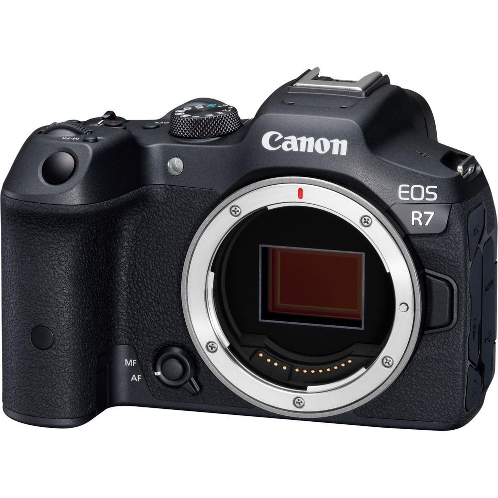 Canon EOS R7 mirrorless camera with exposed sensor window, front close-up