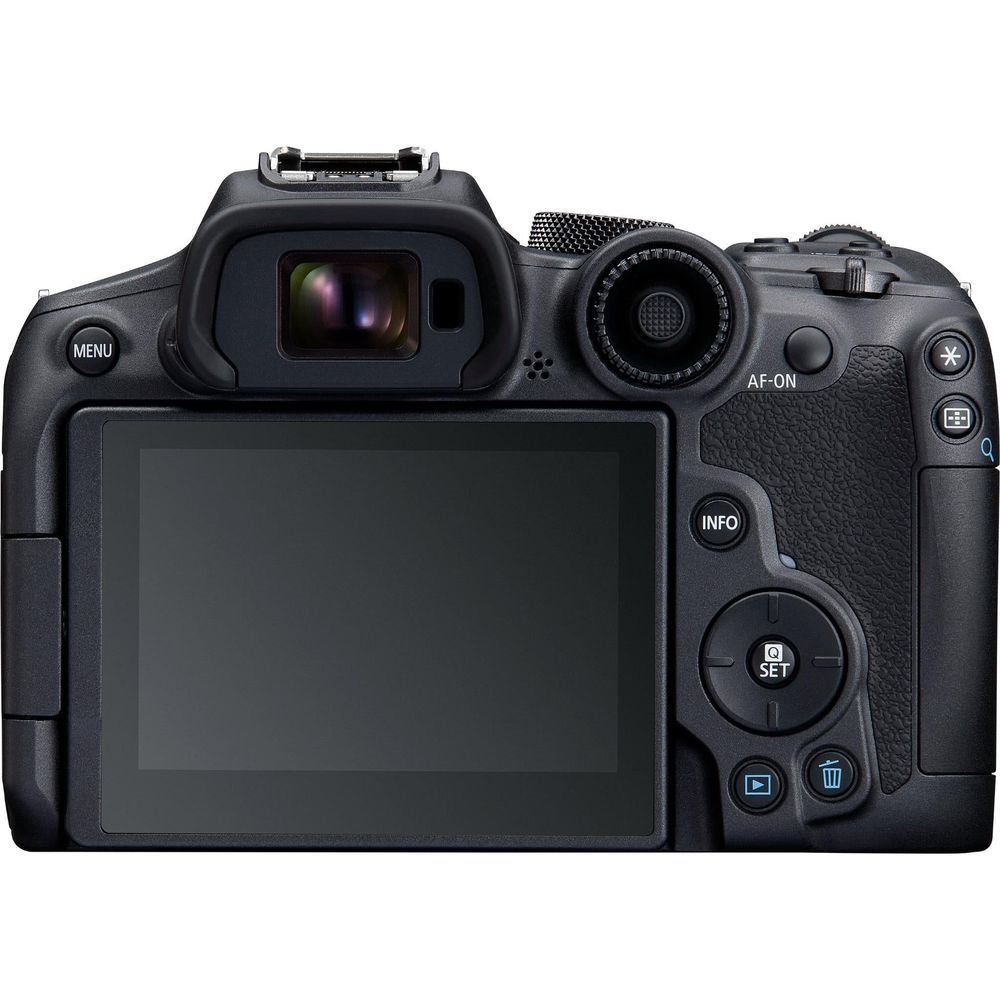 Canon EOS R7 mirrorless camera with rear LCD and control buttons, back view