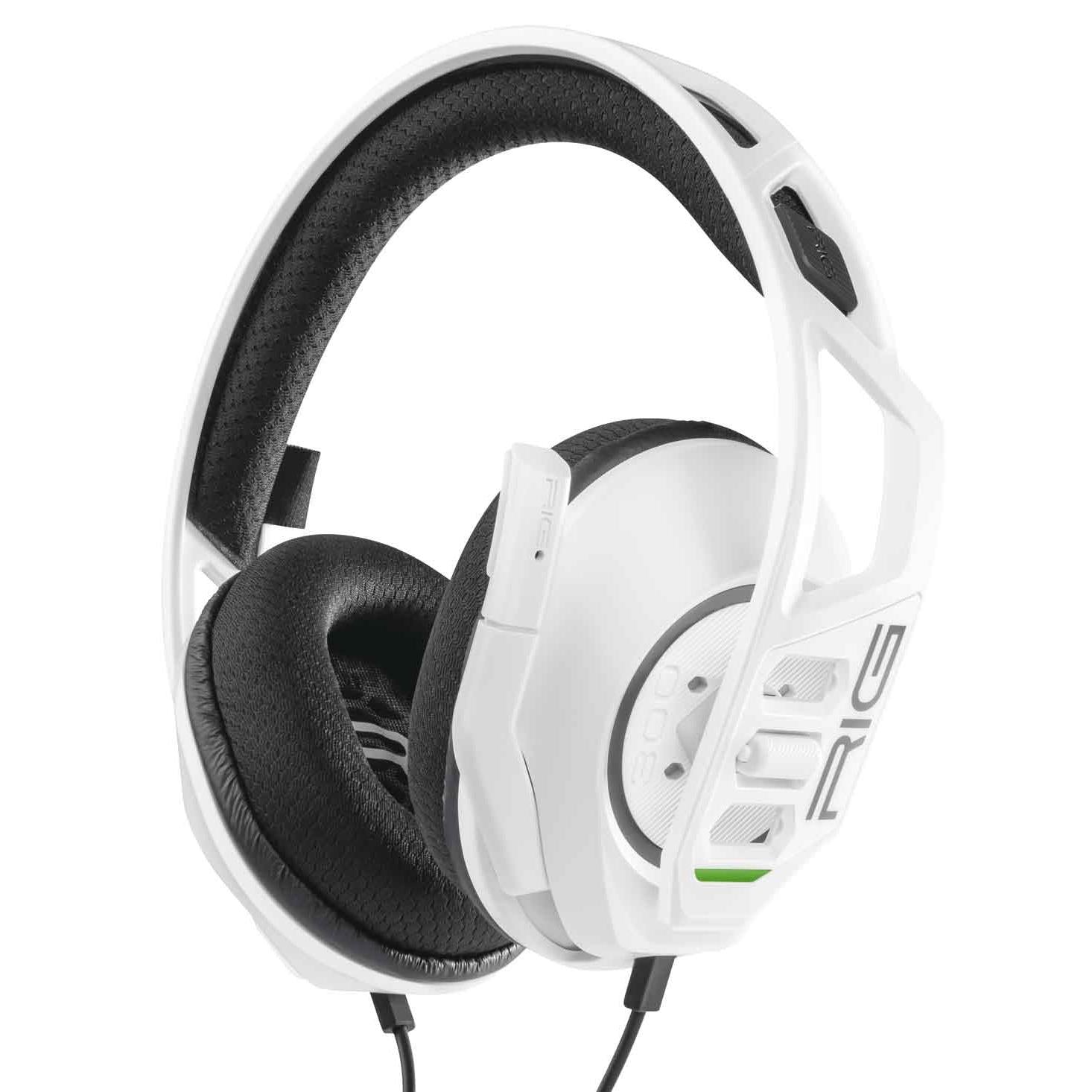 White over-ear wired gaming headset with padded ear cups and adjustable headband
