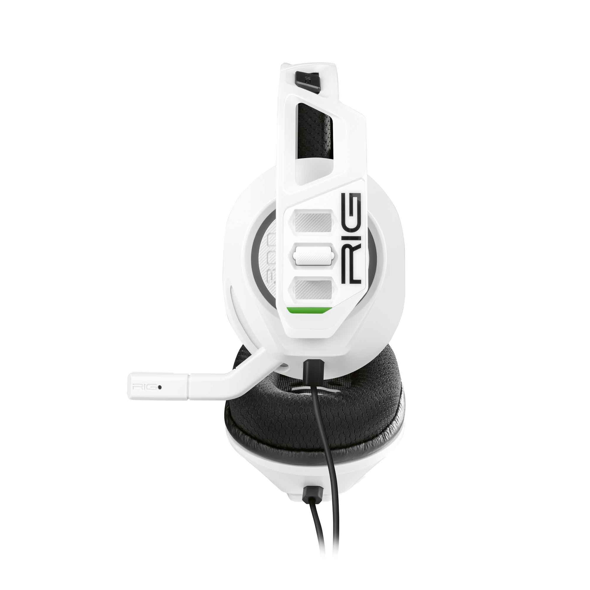 White over-ear wired gaming headset with microphone boom and padded ear cushions