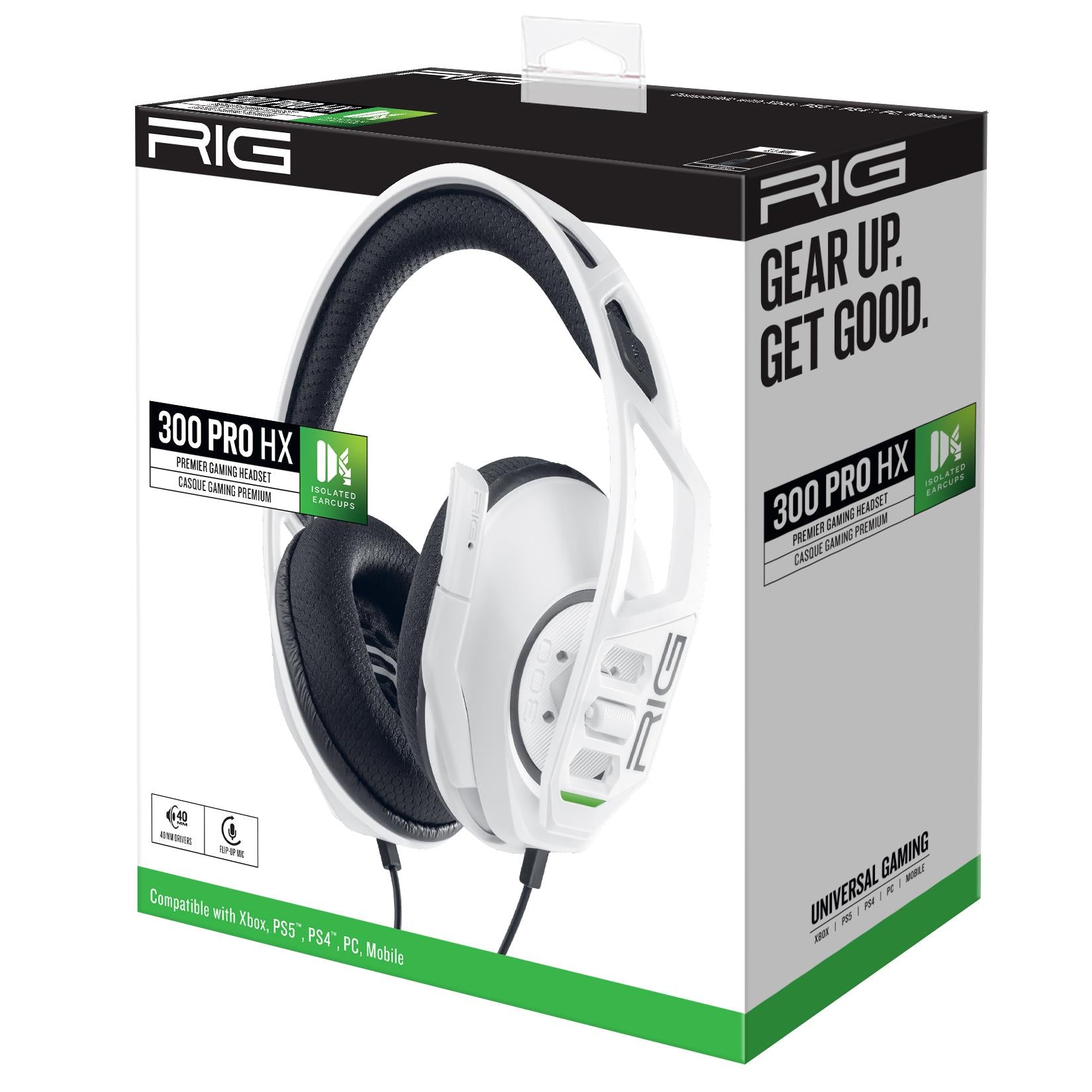 RIG gaming headset retail box showing a white over-ear wired headset