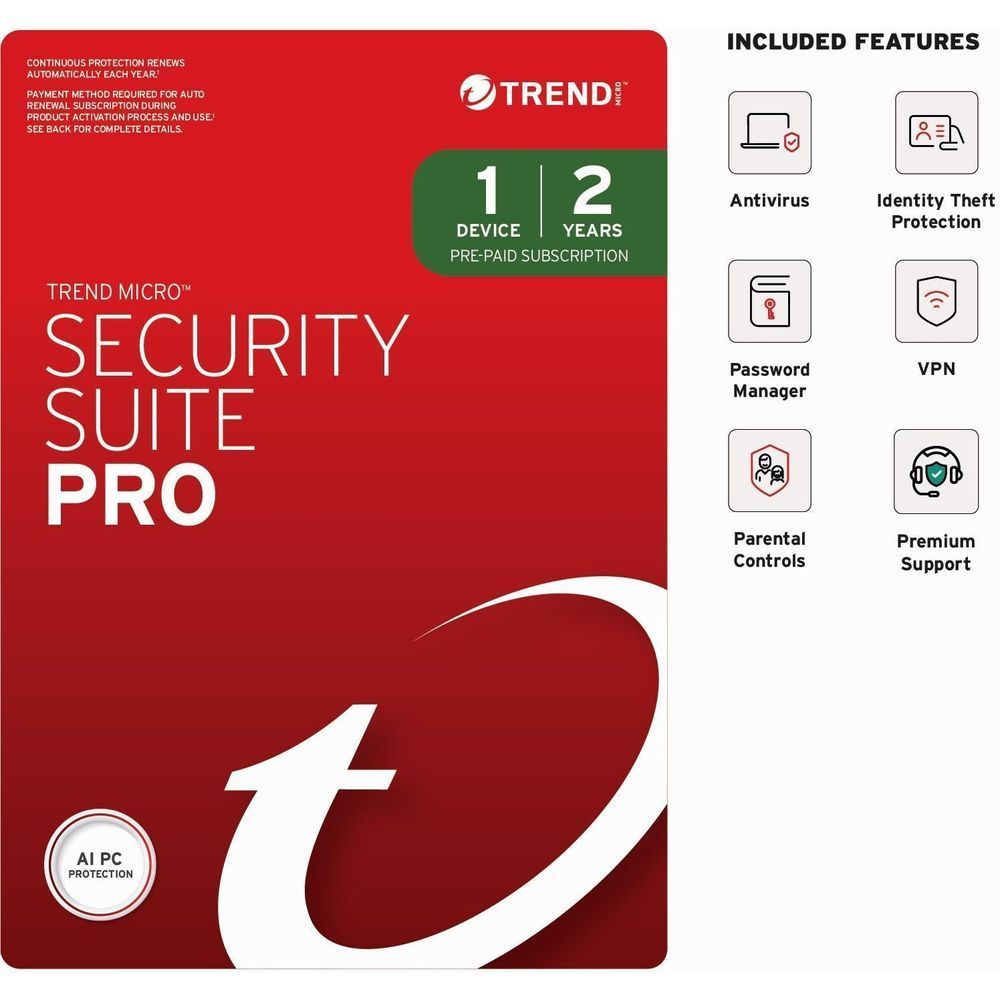 Trend Micro Security Suite Pro digital download package, red cover with 1 device and 2 years