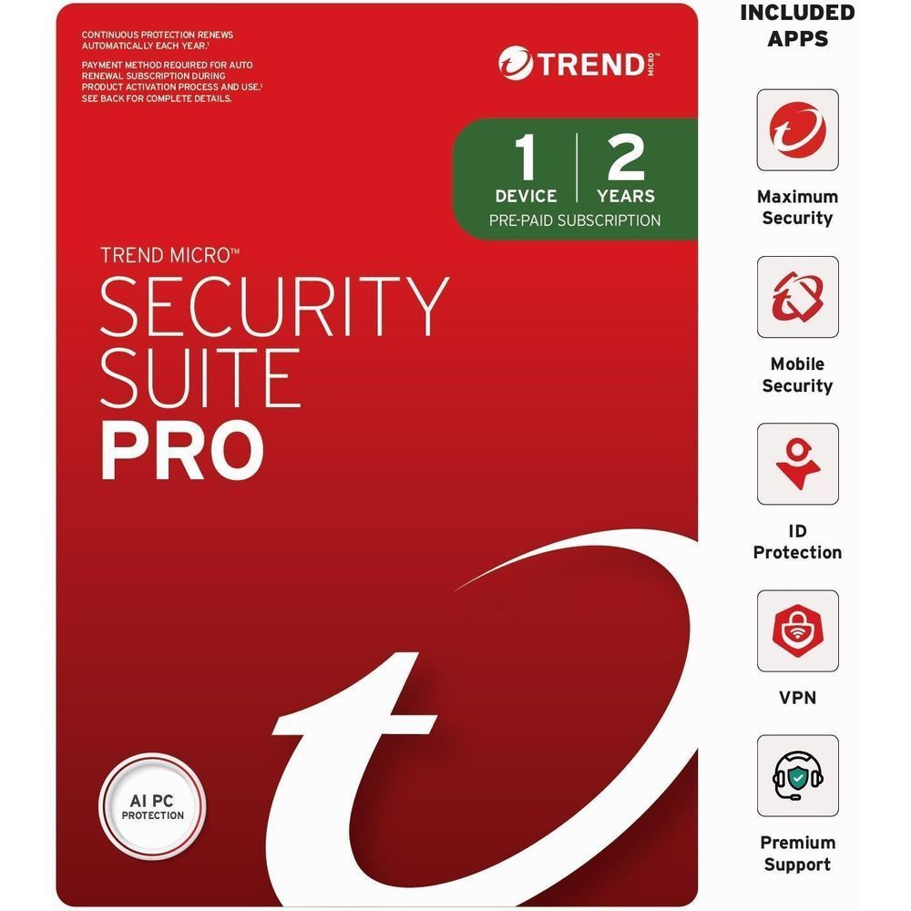 Trend Micro Security Suite Pro digital download, red cover with included apps icons and 1 device
