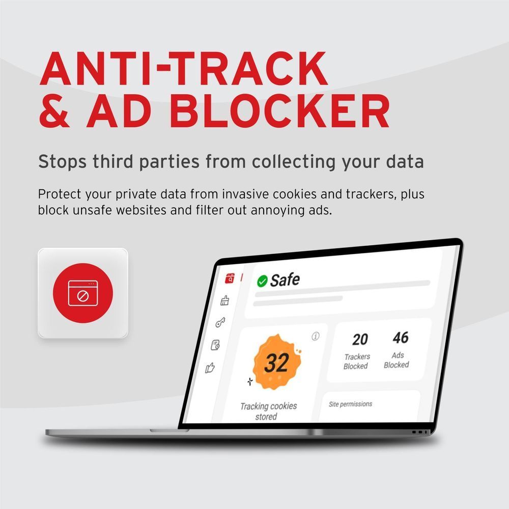 Anti-Track & Ad Blocker feature card with laptop display and tracked ads blocked counters