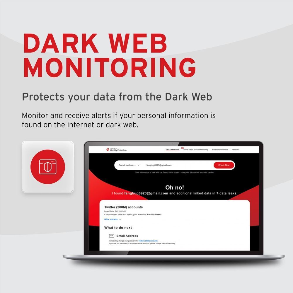 Dark Web Monitoring feature card with laptop warning page and data protection icon