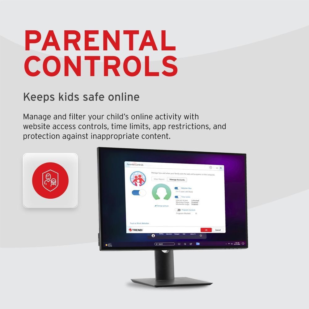 Parental Controls feature card with monitor showing child online activity and protection settings