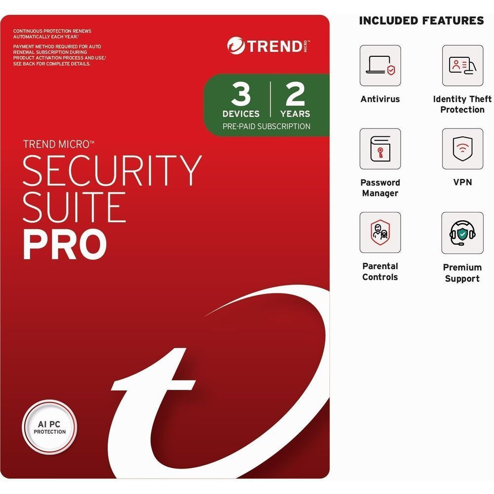 Trend Micro Security Suite Pro digital download card, 3 devices, 2 years, red design