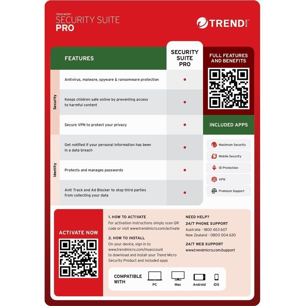 Trend Micro Security Suite Pro activation card with QR code and feature list