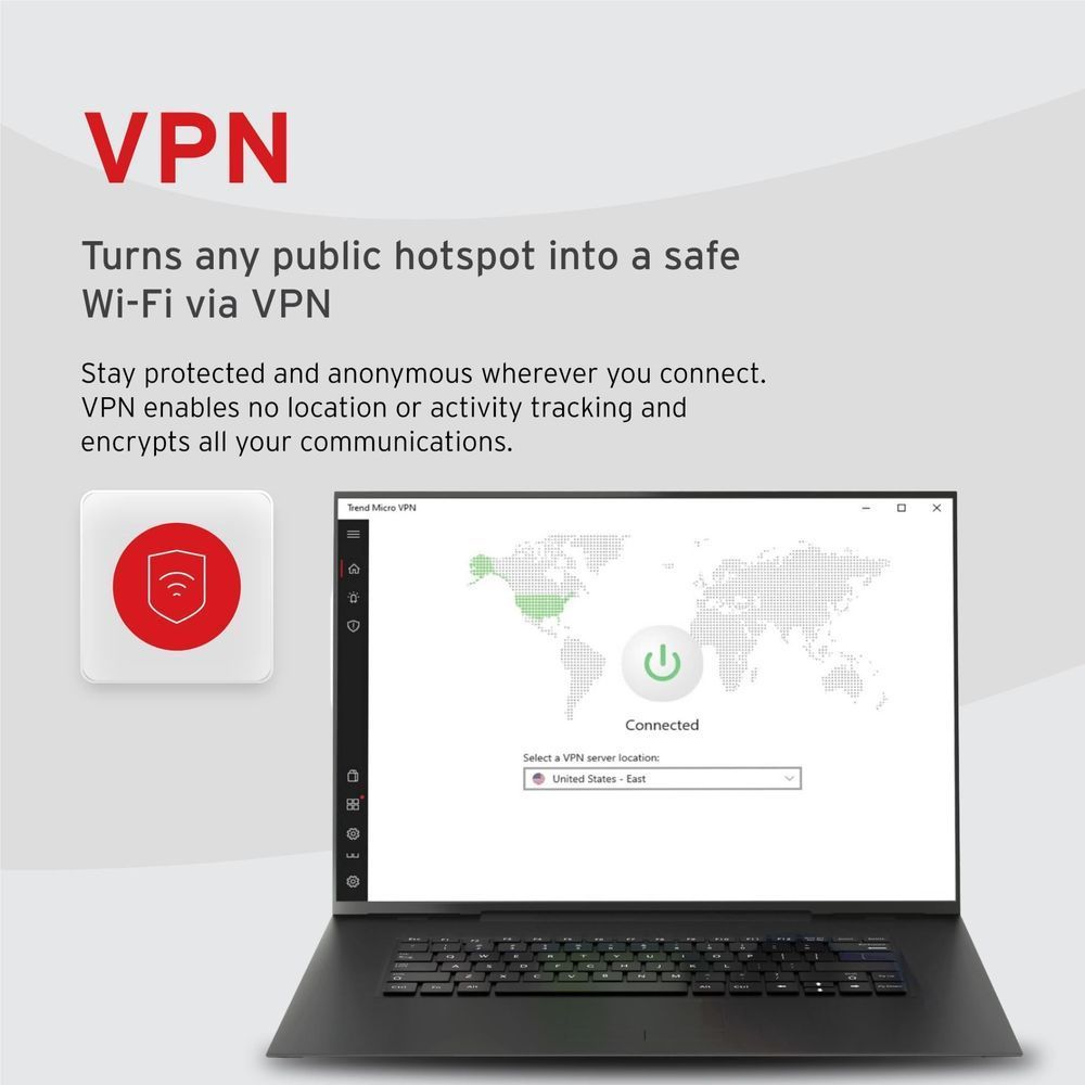 VPN feature card with laptop map screen and connection icon