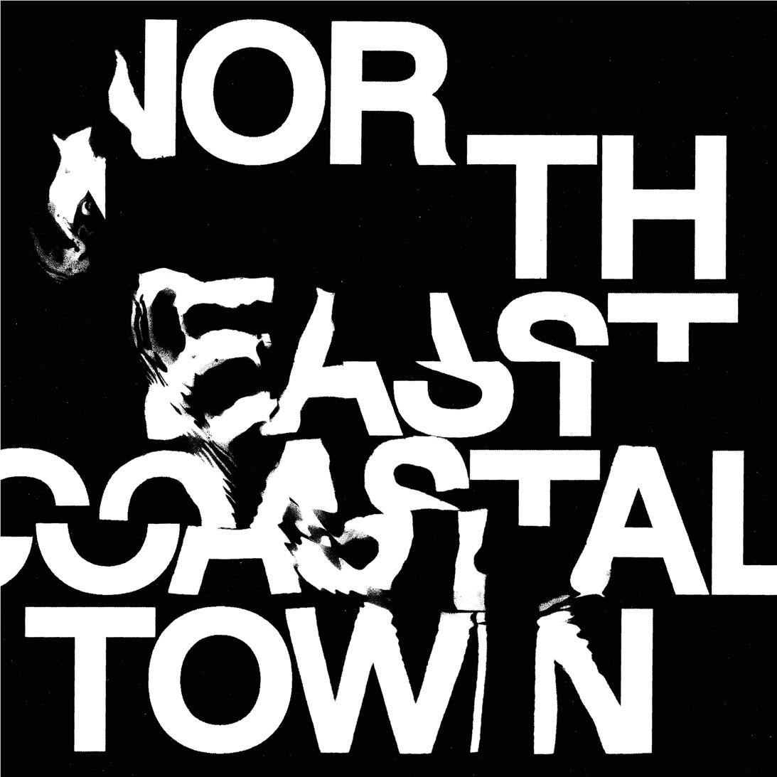 Black graphic typography print with bold white letters and distressed text layout