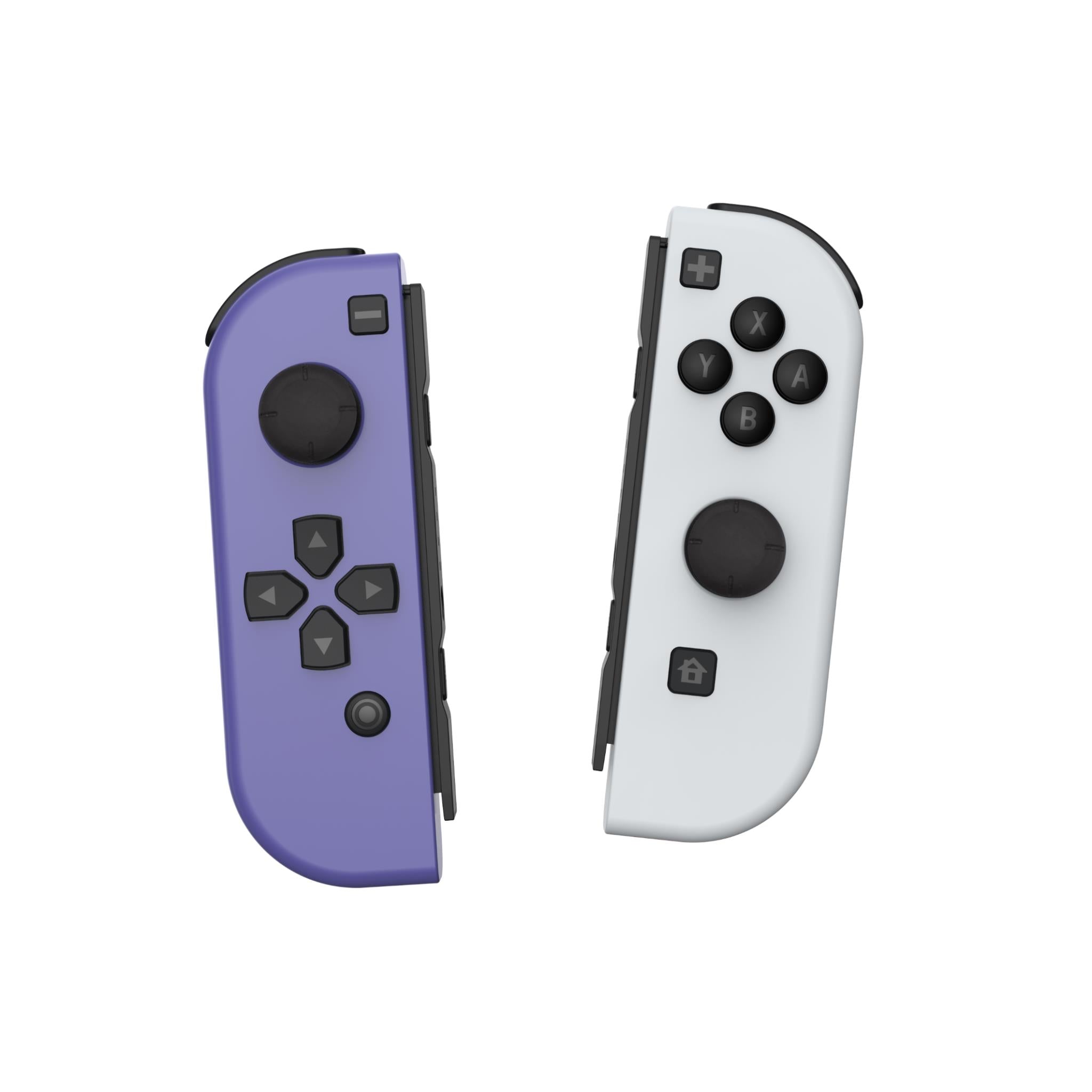 Purple and grey Nintendo Switch joypad controllers with thumbsticks and buttons